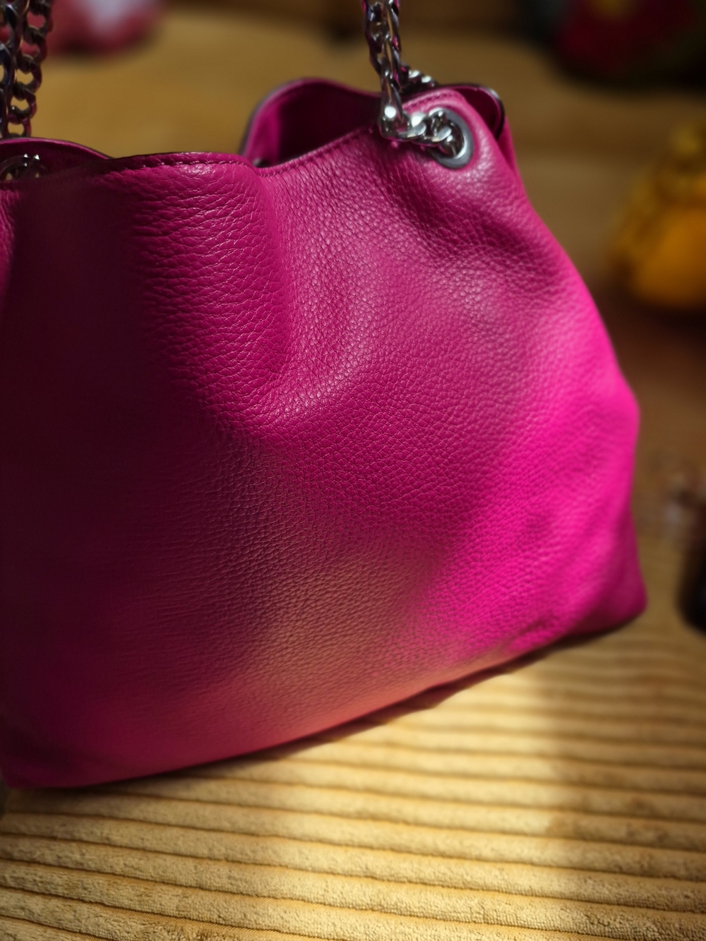 Michael Kors Hot Pink Pebbled Leather Shoulder Bag with Silver Chain-Link Straps - Picture 7 of 16